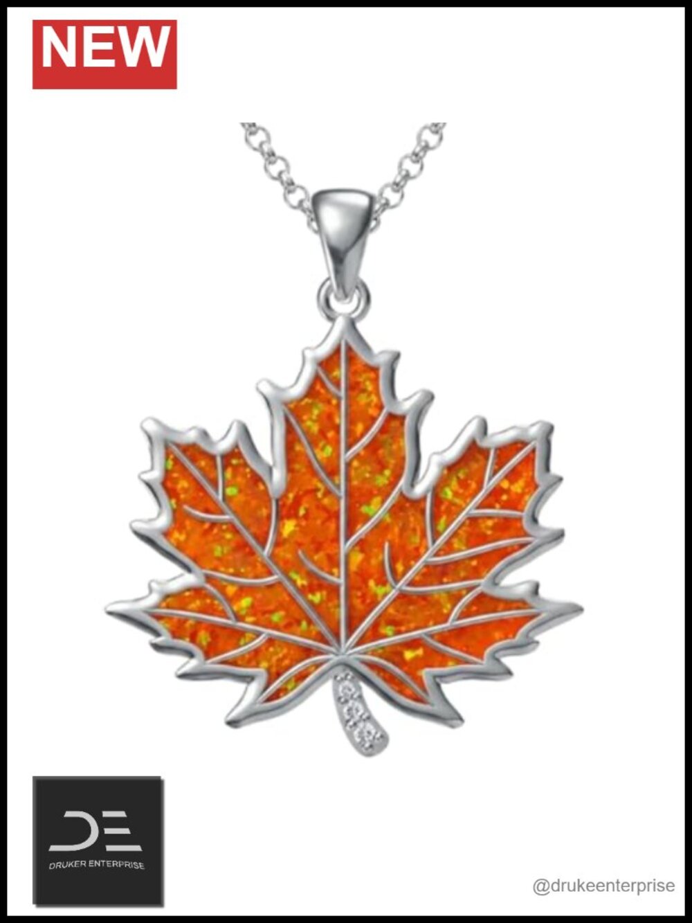 925 Sterling Silver Maple Leaf Pendant Necklace with Fire Opal & Diamond